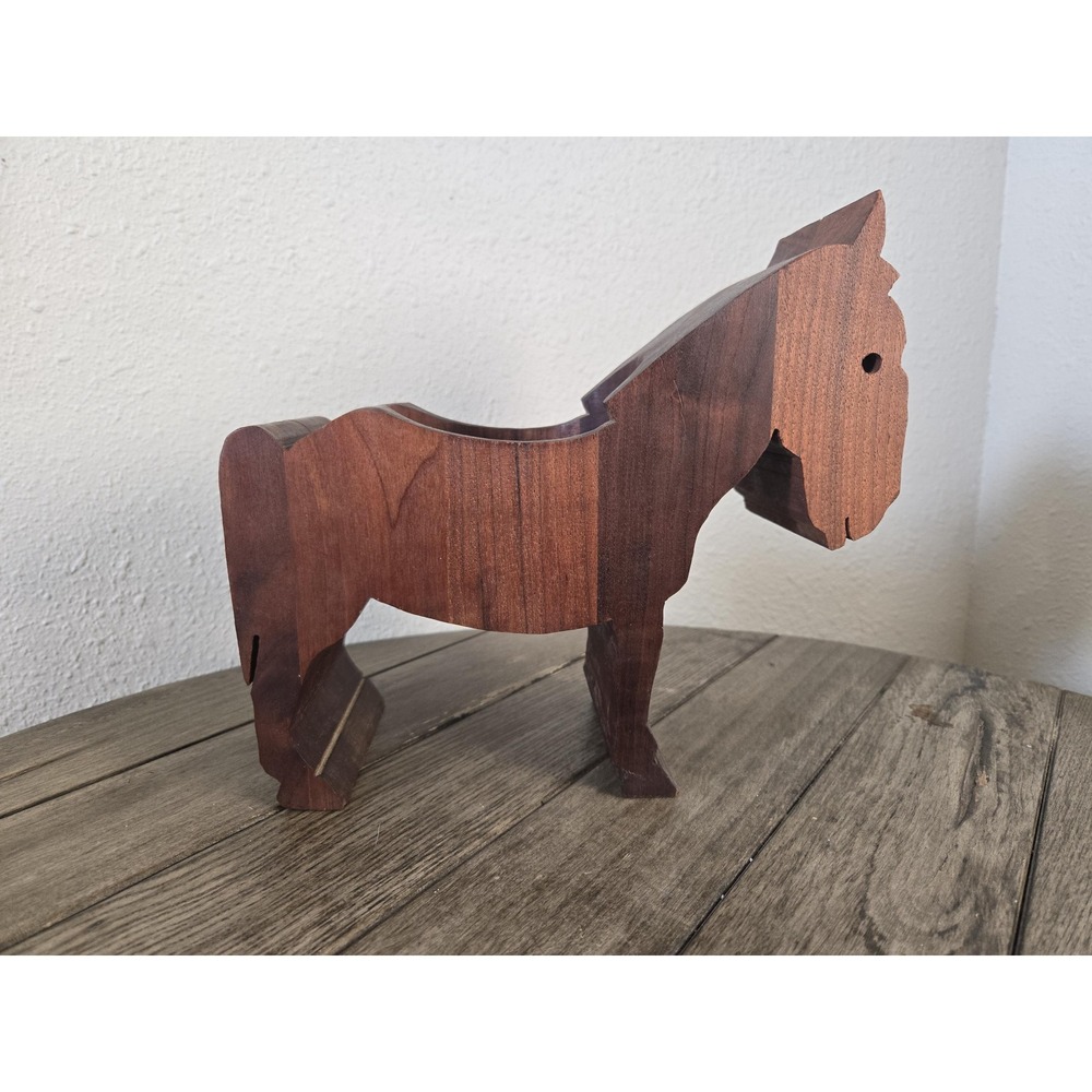 Vintage Hand Carved Wooden Donkey Horse Candle Or Plant Holder Rustic Farmhouse